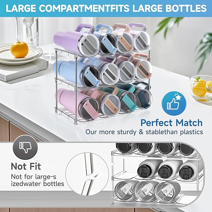 Larger Water Bottle Organizer for Stanley 40 oz Tumbler, Stackable Water Bottle Holder Rack for Cabinet, Kitchen Storage Organizer for for Stanley Cup Accessories, Tumbler Storage Holder, 3 Pack Amoot