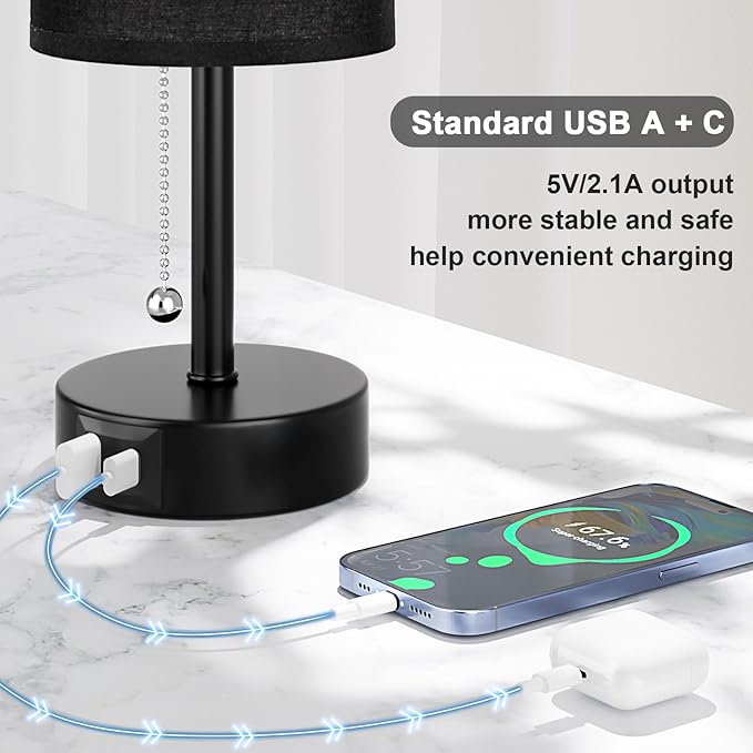 Black Bedside Lamp for Bedroom Nightstand - Small Table Lamp with USB A + C Charging Port, 3 Color Temperatures Pull Chain Night Stand Light with Bulb， Side Table Desk Reading Lamp for Living Room - Bloomnest