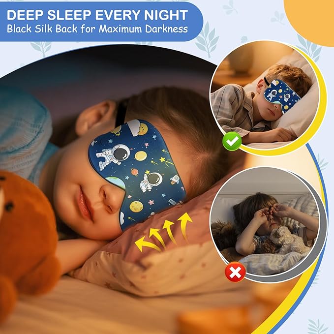 Kids Silk Sleep Mask: 100% Mulberry Silk Eye Mask with Adjustable Strap, Cute Sleeping Blindfold for Boys Girls Teens, Soft & Lightweight Eye Shade for Travel, Nap, Bedtime (Space Style) - Bloomnest