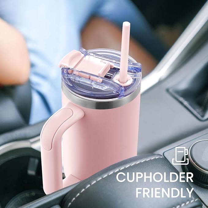 30 oz Tumbler with Handle, Tumbler with Lid and Straw, Double Wall Vacuum Insulated Travel Mug Stainless Steel Tumbler for Hot and Cold, Cupholder Friendly (Pink) - Bloomnest