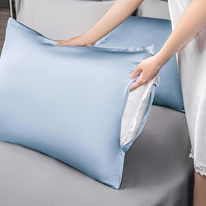 Mulberry Silk Pillowcase for Hair and Skin,Cooling Silk Pillow Case with Hidden Zipper,Allergen Proof Dual Sides Soft Breathable Smooth Silk Pillow Cover for Women (Light Blue,Queen) - Bloomnest