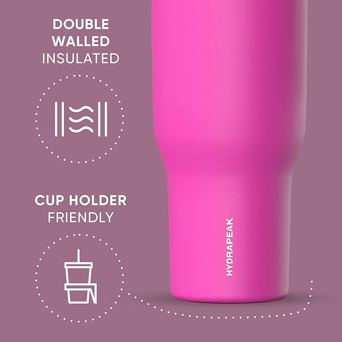 Hydrapeak Voyager 40 Oz Stainless Steel Tumbler with Handle, Insulated Water Bottle With Straw & Lid, Cupholder Friendly Reusable Travel Mug (Fuchsia) - Bloomnest