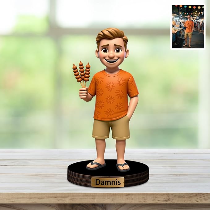 Custom Travel Photo Cartoon Style Desk Decor with Wooden Base, Personalzied Cartoon Photo Picture Portrait Sculpture Frame Acrylic Sign Plaque Gifts for Women Men Family - Bloomnest