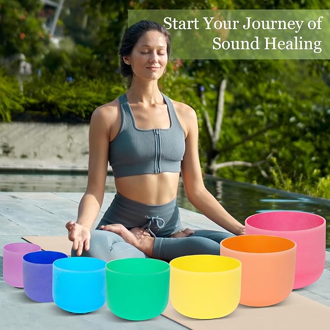 432HZ 6-12 Inch 7 Pcs Colored Frosted Crystal Singing Bowl Set for Meditation Healing Yoga Chakra Quartz Crystal Sound Bowls with Heavy Duty Carry Cases and Rubber Mallet,Suede Striker,O-rings - Bloomnest