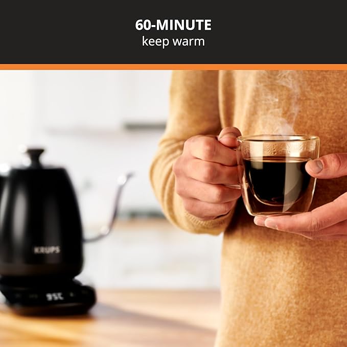 KRUPS Gooseneck Electric Kettle: 1L Stainless Steel, 1350W Fast Boiling, Boils 1 Cup in 80 Seconds, Temperature Control with 8 Presets, 60-Min Keep Warm, Precision Pour for Coffee and Tea - Bloomnest