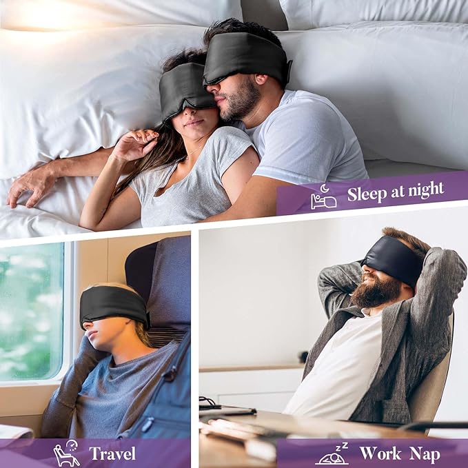 Satin Sleep Mask - Updated Design Light Blocking Eye Mask for Men and Women, Soft and Comfortable Night Sleeping Mask, Eye Cover for Travel/Sleeping (Black) - Bloomnest
