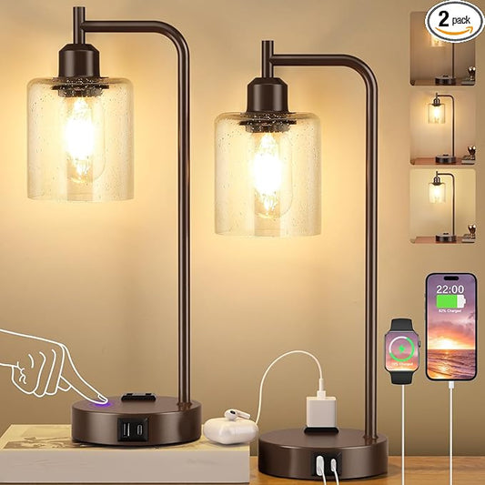 Innqoo Industrial Touch Table Lamps - 3-Way Dimmable Desk Lamps Set of 2 with USB C+A Ports and Outlet, Brown Bedside Lamps with Clear Glass Shade for Living & Bedrooms - Bloomnest