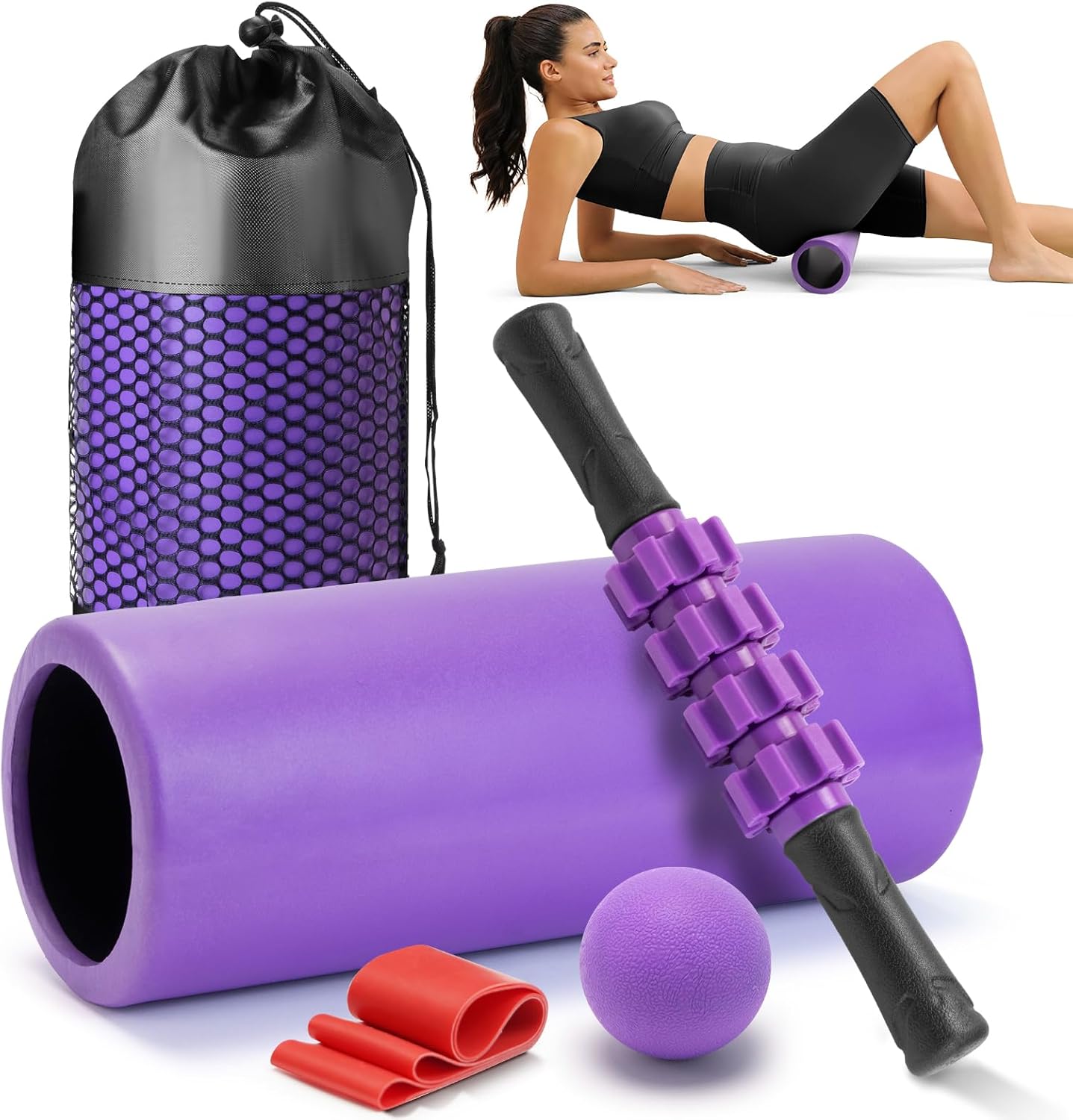 5 in 1 Foam Roller Set - Trigger Point Foam Back Roller, Muscle Roller Stick, Massage Ball, Stretching Band for Deep Muscle Massage Pilates Yoga,Fitness Exercise for Whole Body Release (Purple)