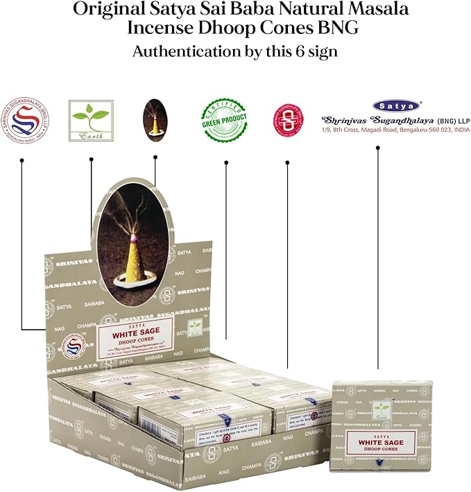 Satya Sai Baba White Sage Original Earth Marked Natural Masala Incense 144 Dhoop Cones in Pack of 12 Boxes | Best for Prayer, Meditation and Relaxation AROVATIKA
