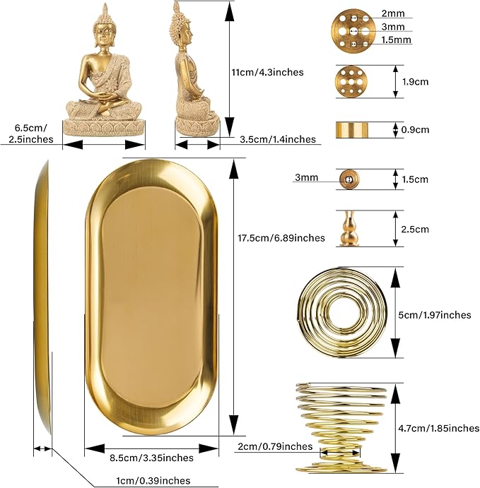 ZenBless 6 in 1 Incense Holder - Palo Santo, Buddha Statue, Sage & Incense Burner Holder for Sticks/Coil/Cones, Gold Oval Ash Catcher - Bloomnest