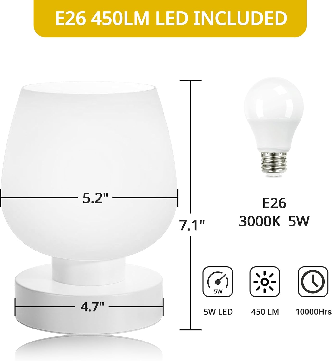 Cordless Bedside Lamp, Portable Rechargeable Table Lamps for Bedroom for Night Stands, Touch Stepless Dimmable Desk Lamp, Warm LED Bulb, Round Shape, 1 Set, White