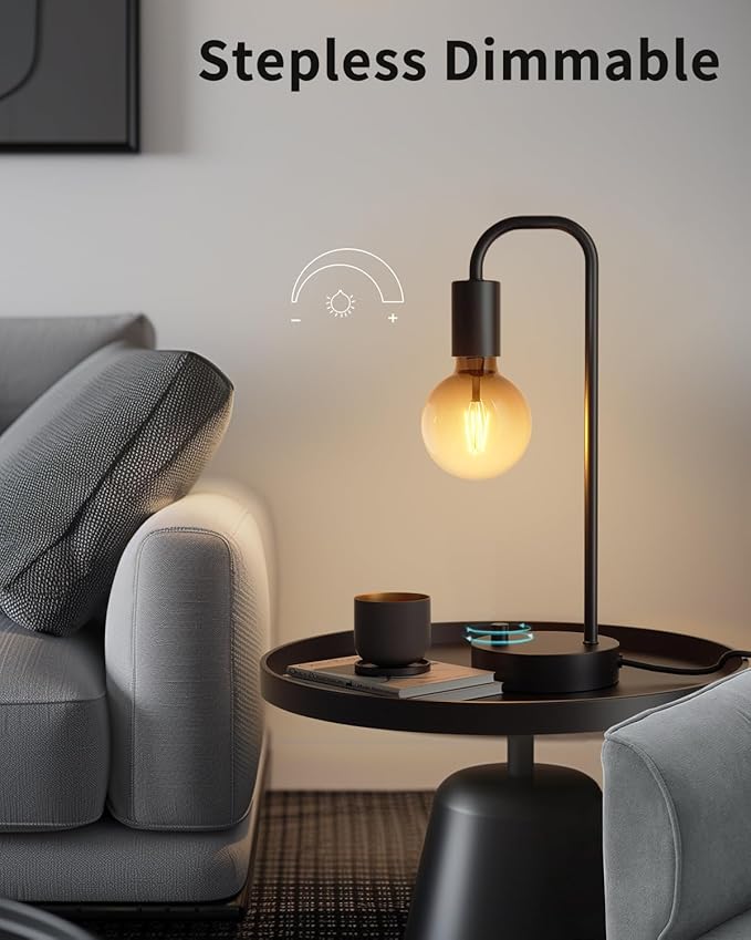 ONEWISH Industrial Table Lamp with 2 USB Port, Fully Dimmable Nightstand Bedside Lamps for Bedroom,Desk Lamps with 2700K Black Gradient Bulb for Reading Living Room,Office - Bloomnest