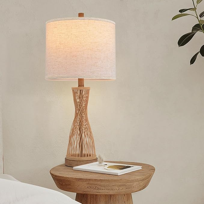 Lamps for Bedroom Wooden Bamboo Strip Table Lamp Farmhouse Bedside Lamps Set of 2 Wood Table Lamp Desk Light Bedroom Lights Bedside Lamps Set of 2,Linen Shade, 25.5 in - Bloomnest