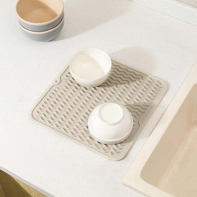 Silicone Dish Drying Mat for Multiple Usage,Easy clean,Eco-friendly,Heat-resistant Silicone Mat for Kitchen Counter or Sink,Refrigerator or Drawer liner Tapioca M 12 inches x 12 inches - Bloomnest