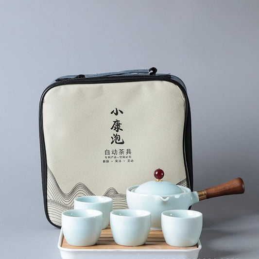 Ceramic Portable Travel Tea Set, Chinese Kungfu Tea Set with 360 Rotation Teapot and Infuser, 4 Tea Cups, Tea Tray And Travel Bag (Celadon Glaze)