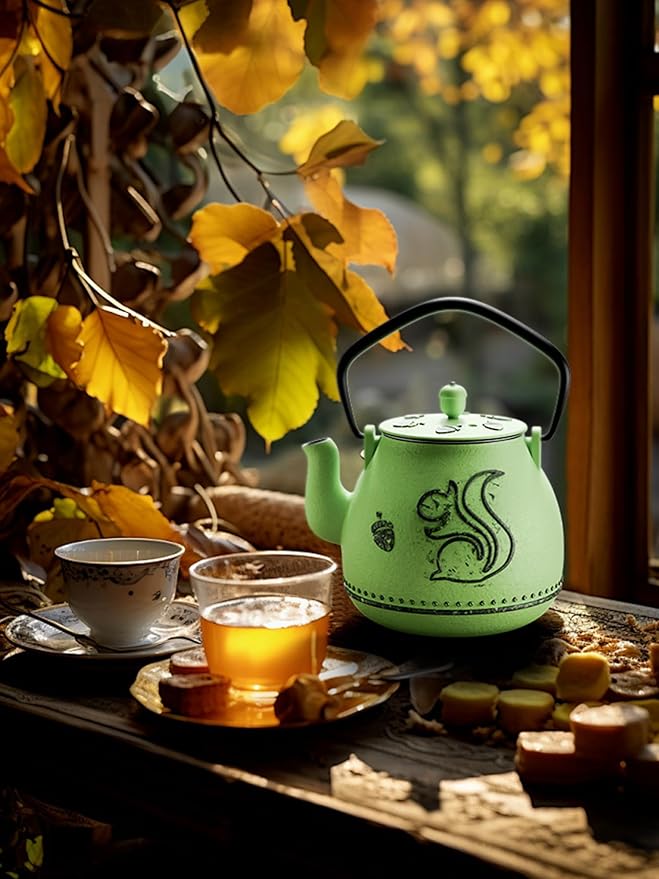 Toptier Teapot with Removable Infuser, Cast Iron Tea Kettle Stovetop Safe, Squirrel Design Tea Pot Coated with Enameled Interior for 32 Ounce (950 ml), Bright Green - Bloomnest
