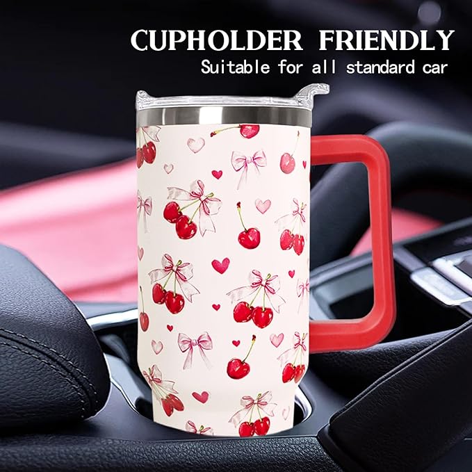 40oz Cherry Bow Coffee Mug Cup Water BottlesTumbler With Handle Lid and Straw,Cherry Decor Stuff Accessories - Bloomnest