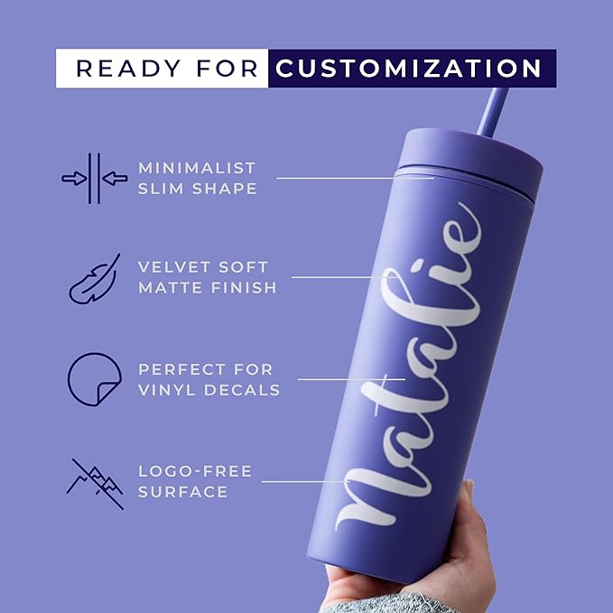 STRATA CUPS Purple Skinny Tumblers with Lids and Straws (12 pack) - 16oz Double Wall Acrylic Tumbler, Tall Matte Skinny Tumblers, Bulk with Free Straw Cleaner, Reusable Cups - Bloomnest