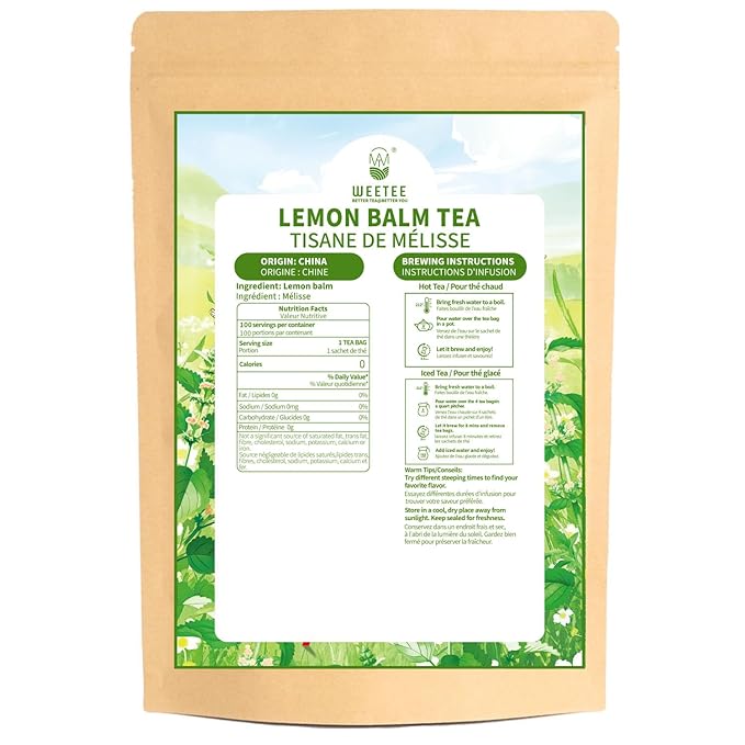 WT WEETEE Lemon Balm Tea Bags, 100 Count Pure Lemon Balm Leaves, Honey Scented with a Delicate Lemon Flavor, Caffeine-Free Herbal Tea - Bloomnest