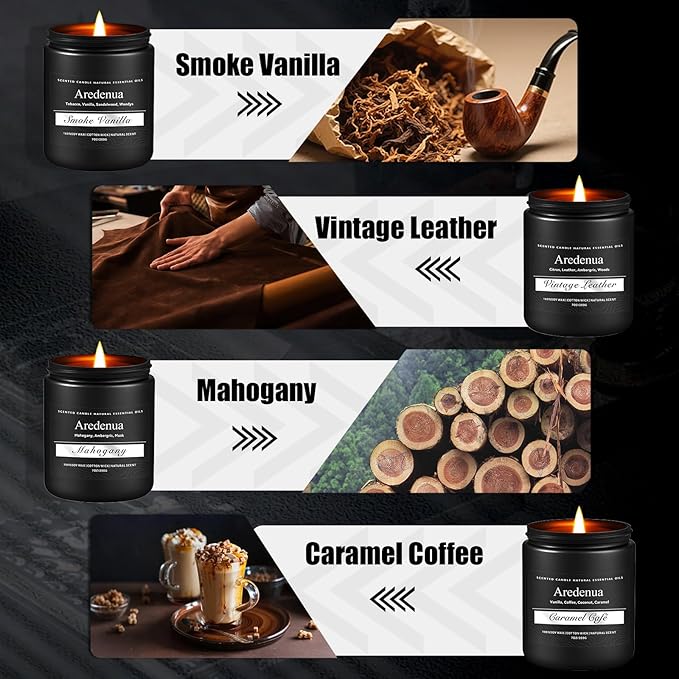 Scented Candles Set | Men Candle Set, Scented Candles for Home, Aromatherapy Gifts for Men - 4 Pack Manly Soy Candle Gifts, Scents of Leather/Smoke & Vanilla/Mahogany/Caramel Coffee - Bloomnest