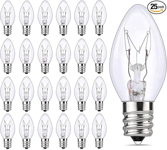 SkrLights 25 Pack C7 Clear Bulbs Christmas Light Bulbs C7 Outdoor String Light Replacement Bulbs, C7/E12 Candelabra Base, 5 Watt-Clear - Bloomnest