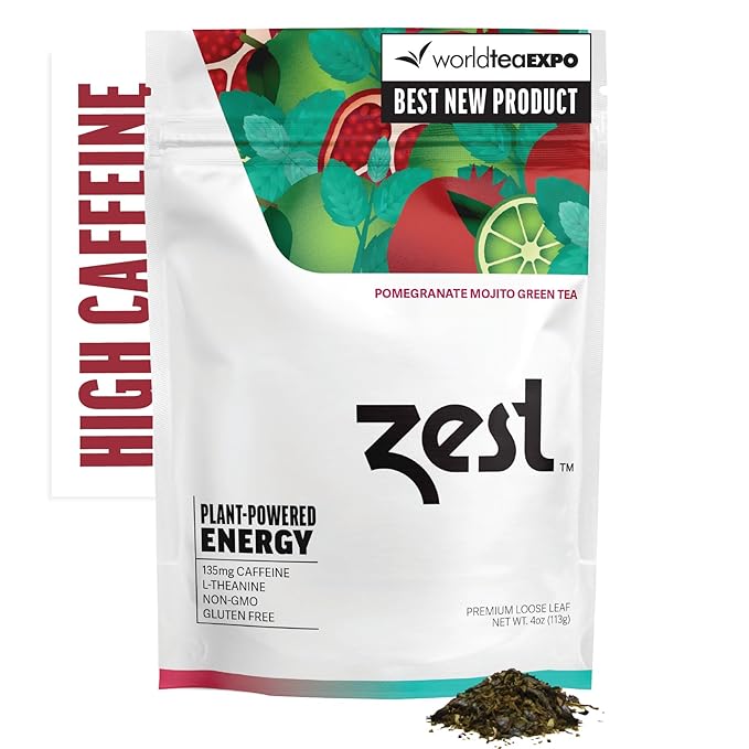 Zest Energy Green Tea - Pomegranate Mojito Loose Leaf Blend - High Caffeine Peppermint - Caffeinated Coffee Substitute - Natural, Non-GMO & Keto Friendly - Hot or Iced - 50 Servings - 135mg Caf - Bloomnest