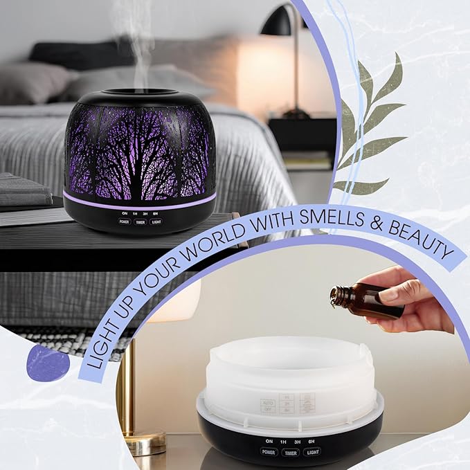 ARVIDSSON 500ml Essential Oil Diffuser, Metal Diffusers for Essential Oils, Aromatherapy Diffuser for Large Room, Color Mood Light & Mist Timer Setting, Gift for Women - Black Tree - Bloomnest