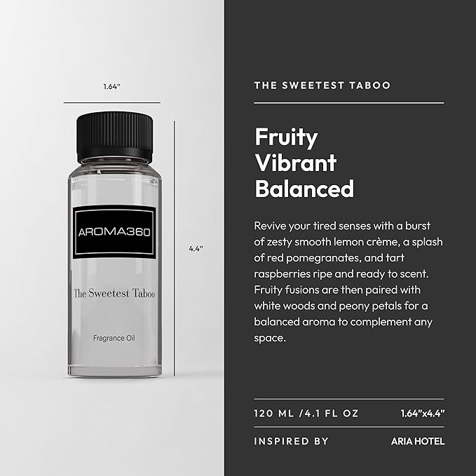 Aroma360 - The Sweetest Taboo Fragrance Oil Scent - Luxury Aromatherapy Scent Diffuser Oil - Hints of Lemon Crème, Pomegranates, & Raspberries - For Essential Oil Diffusers - For Home & Office - 120mL - Bloomnest