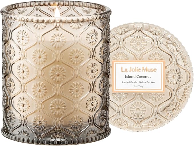 LA JOLIE MUSE Island Coconut Scented Candle – Coconut, Peach & Vanilla | 6oz Luxury Soy Candle | 40 Hours Clean Burn| Gift-Ready for Hosts & Gatherings | Elegant Home Décor - Bloomnest
