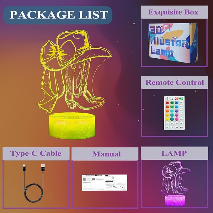 Cowgirl Gifts, Cowgirl Night Light, 3D Illusion Lamp with 16 Colors Changing, Timer, 4 Flash Modes and Dimmer with Remote Control, Western Room Decor for Holiday Birthday Christmas - Bloomnest
