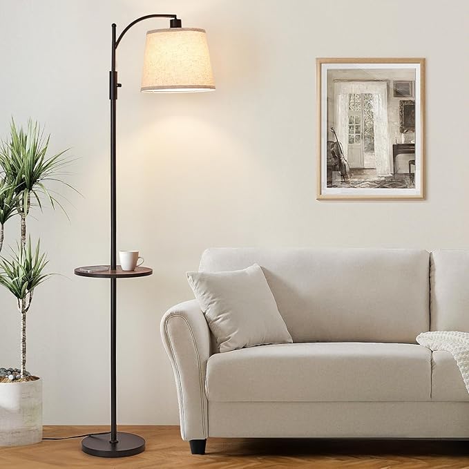 AIDENOEY Fully Dimmable Floor Lamp for Living Room，Standing Lamp Rotary Switch with Table&Linen Beige Shade，Black Tall Lamps for Bedroom with Adjust Head，9W LED Bulb Included - Bloomnest