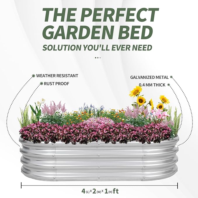 1MORE Galvanized Raised Garden Bed- Planter Garden Boxes Outdoor, Raised Beds for Gardening, 4x2x1ft Metal Garden Bed Kit for Vegetables Flower, Planter Raised Bed with Protective Tape & Tools.Silver - Bloomnest
