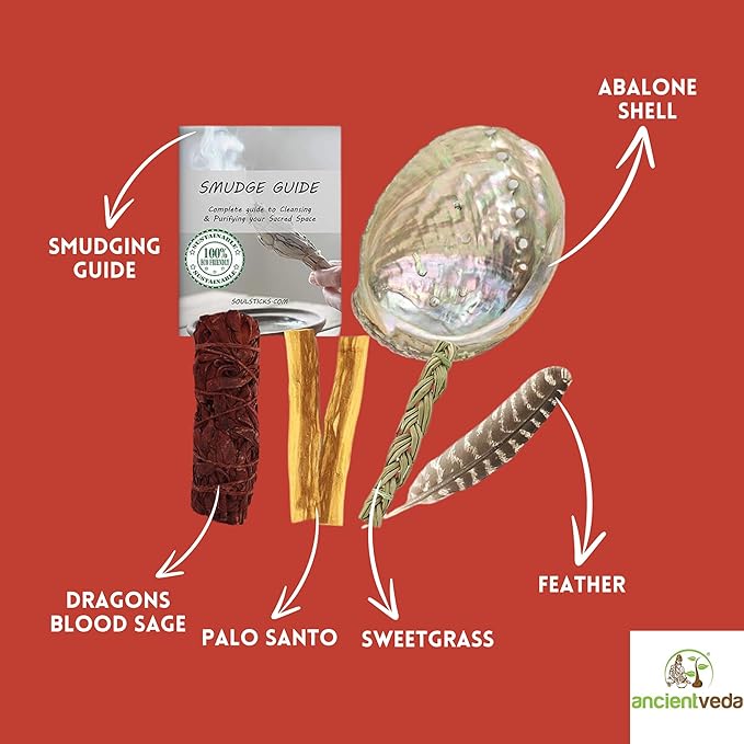 Ancient VEDA Organic Smudge Kit – Dragon's Blood, Palo Santo, Sweetgrass, Abalone Shell, Feather & Smudge Guide | Smudging Kit for Home Energy Cleansing, Meditation (Healer's Kit, Dragon's Blood Sage) AncientVeda