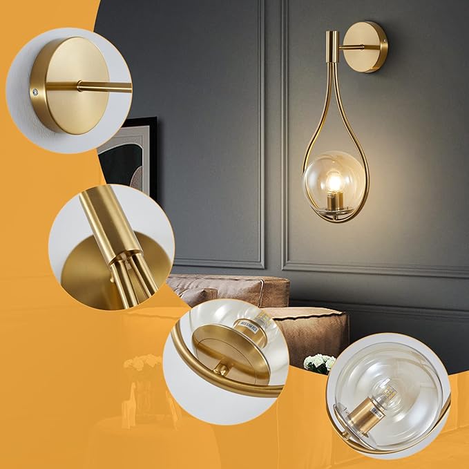 KCO Lighting Glass Globe Wall Mounted Sconce Gold Teardrop Wall Sconce Vintage Cordless Sconces Wall Lighting for Stairwell Bathroom Bedroom (Gold + Amber) - Bloomnest