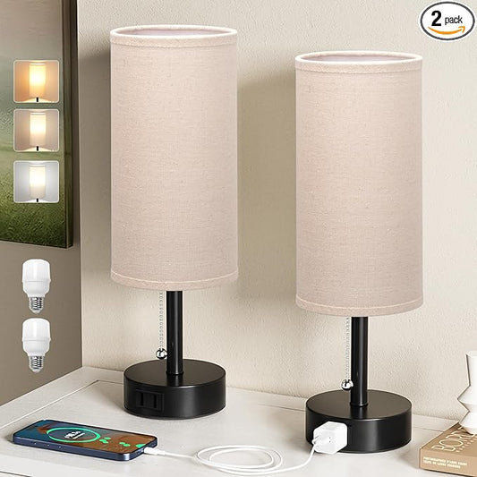 Fenmzee Bedside Table Lamps Set of 2-3 Color Temperatures Pull Chain Lamp with AC Outlet Charging Port, Round Night Stand Lamps for Bedroom Guest Room Office, Small Bed Side Light with E26 LED Bulbs - Bloomnest