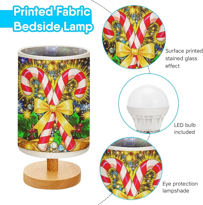 Candy Canes Table Lamp LED 3-Color Pressed Bedside for Merry Christmas, Candy Canes Shade Christmas Table Lamp with Wood Base for Bedroom Living Room Desk Office - Bloomnest