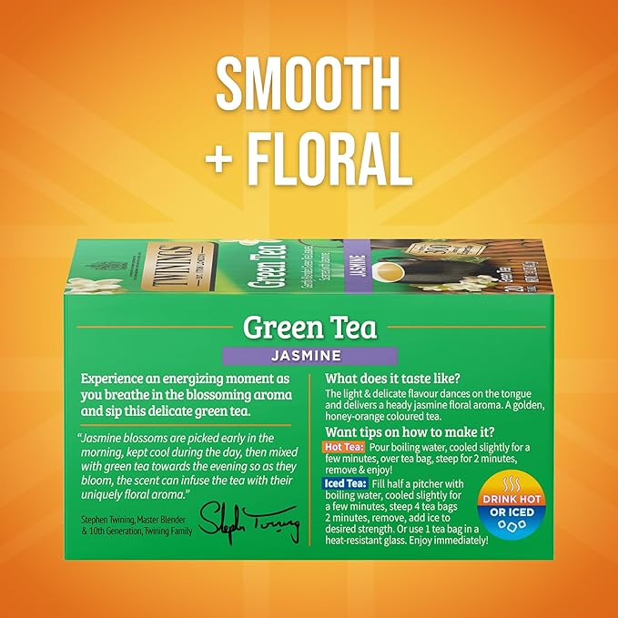 Twinings Green Tea with Jasmine Individually Wrapped Bags, 20 Count (Pack of 6), Fragrant Floral Scent, Caffeinated, Enjoy Hot or Iced, 120 Teabags - Bloomnest