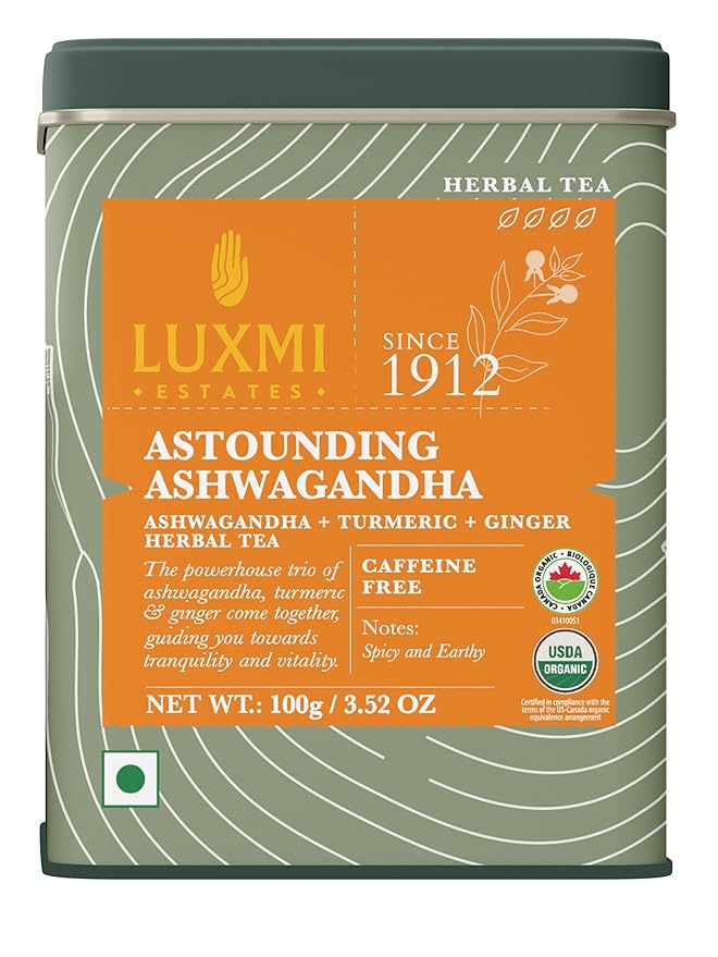 Luxmi Estates - Astounding Ashwagandha - Organic Loose Leaf Tea - 100g (50 Cups) | With Ashwagandha, Turmeric, Ginger, Lemongrass & More | Perfect Stress Relief Tea - Bloomnest