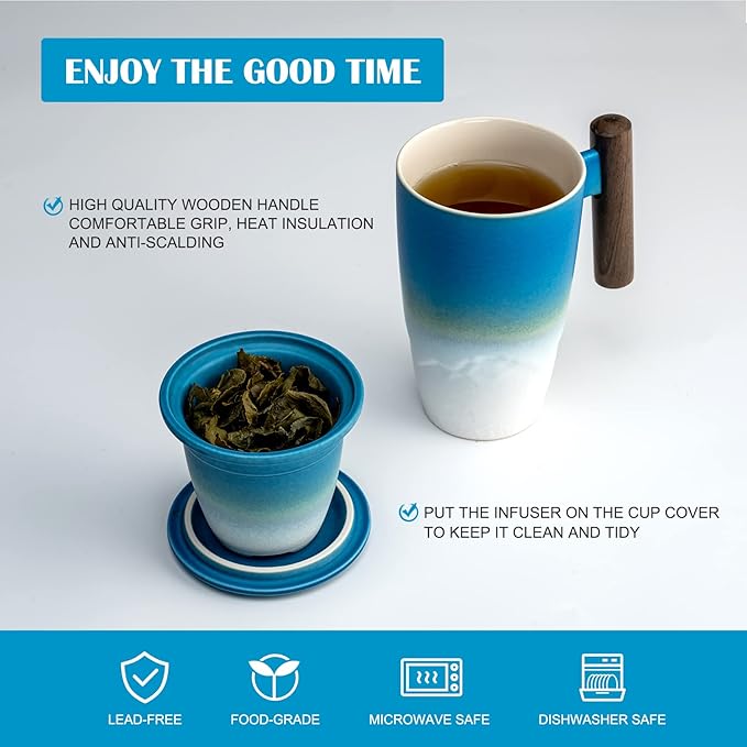 suyika Tomotime Ceramic Tea Cup with Infuser and Lid Tea Mugs Wooden Handle 400ml/13.5oz (Cyan blue)