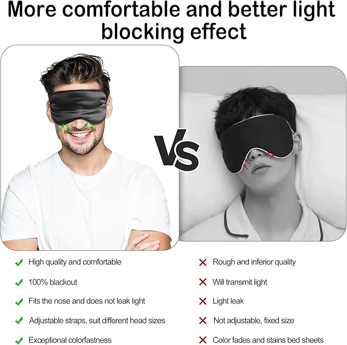 Sleep Mask Silk Eye Mask for Sleeping, Eye Cover Soft Satin Blindfold Adjustable Strap, Satin Blackout for Men & Women, Super Soft Eyeshade for Night Sleeping (Black) - Bloomnest