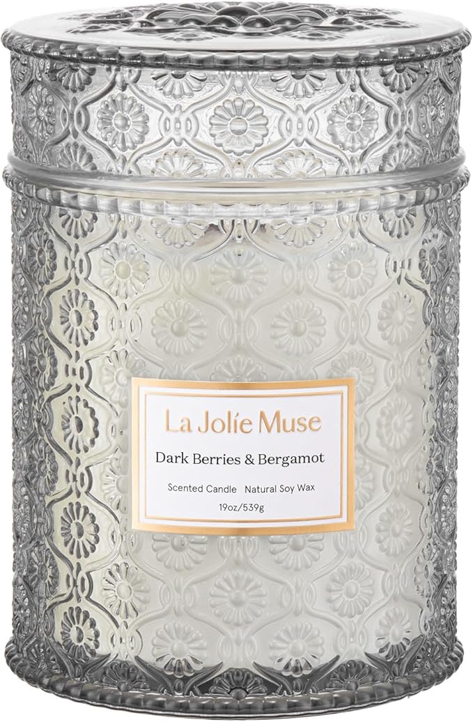 LA JOLIE MUSE Dark Berries & Bergamot Candle - Berries, Grape, Caramel | 19 oz Large Wooden Wick Candle | Natural Soy Wax | 90 Hours Clean Burn | Gift-Ready for Hosts & Gatherings | Elegant Home Décor - Bloomnest