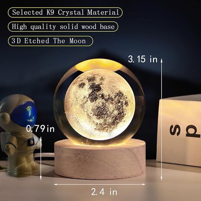 3D Moon Crystal Ball with LED Stand, Moon Figurine Decor Glass Sphere Lamp, Space Planet Globe Night Light Gifts for Women Men Mom Kids - Bloomnest
