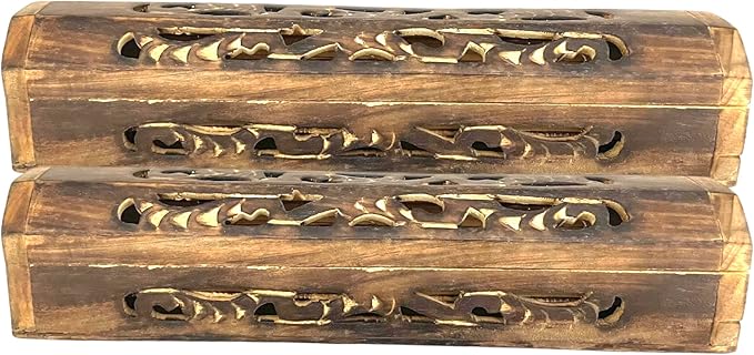 2 Pack Wooden Coffin Incense Sticks Burner - 12 Inches Carved - Storage Compartment, Carved Carving - Bloomnest