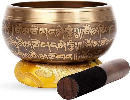 Large Tibetan Singing bowl Set - Bronze Style - Easy To Play - 5" Sound Yoga Bowl Mantra Design Mindfulness Meditation Healing Sound Gift By Himalayan Bazaar - Bloomnest