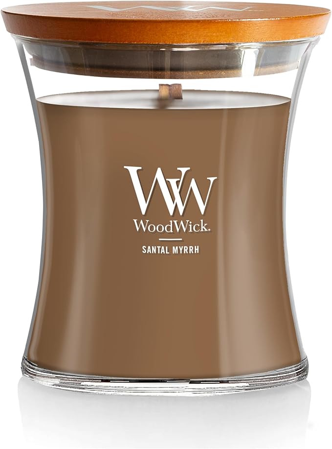 WoodWick Medium Hourglass Candle Santal Myrrh - Premium Soy Blend Wax Pluswick Innovation Wood Wick Made in USA - Bloomnest