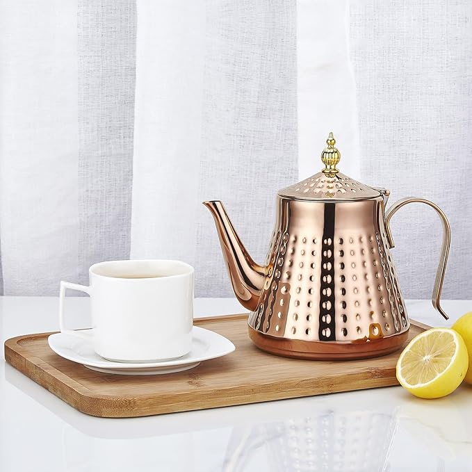 SANQIAHOME 1.2L(40oz) Stainless Steel Hammer Patterned Teapot With Removeable Infuser,Loose leaf cover,Copper - Bloomnest