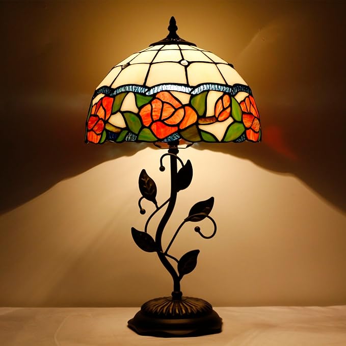 Tiffany Lamp Rose Flower Style Stained Glass Table Lamp Desk Bedside Reading Light 12X12X19 Inches with Metal Leaf Base Decor Bedroom Living Room - Bloomnest