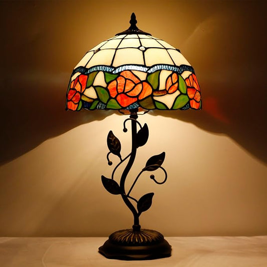 Tiffany Lamp Rose Flower Style Stained Glass Table Lamp Desk Bedside Reading Light 12X12X19 Inches with Metal Leaf Base Decor Bedroom Living Room - Bloomnest
