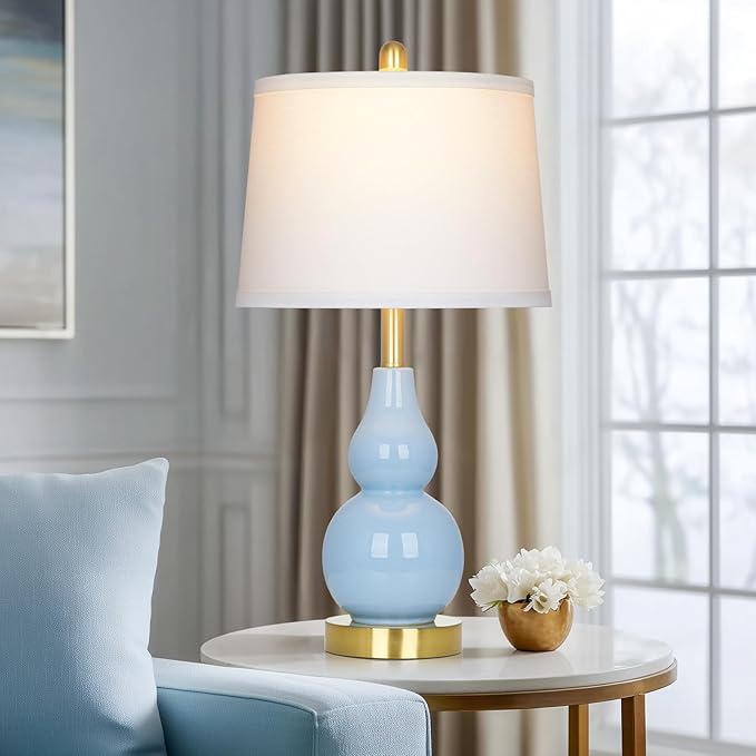 25" Modern Ceramic Table Lamps Set of 2, Blue Double Gourd Ceramic Lamps for Living Room, Coastal Farmhouse Rustic Bedside Nightstand Nautical Lamps for Bedrooms Home Office Dorm(2 LED Bulbs Included) - Bloomnest