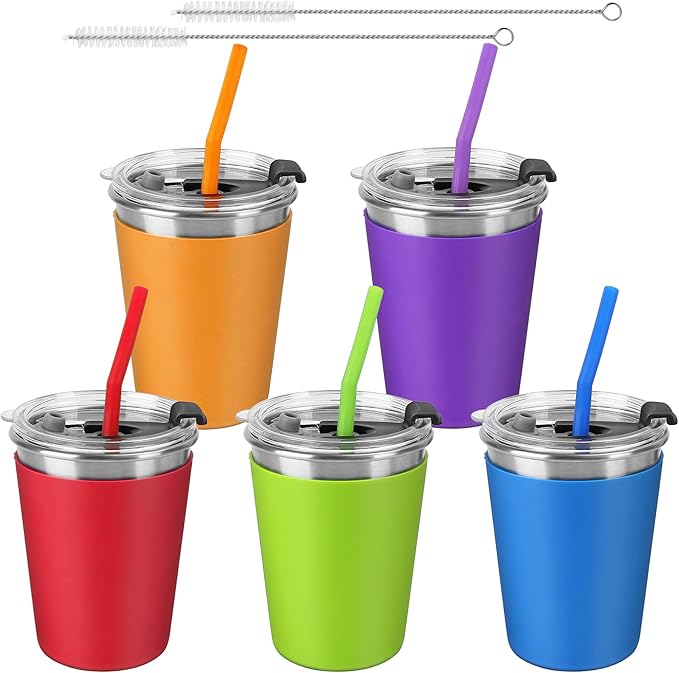 5Pack Kids Cups with Straws and Lids Spill Proof, 12oz Toddler Straw Cups with Colorful Silicone Sleeves, Unbreakable Stainless Steel Water Tumblers for Cold & Hot Drinks - Bloomnest